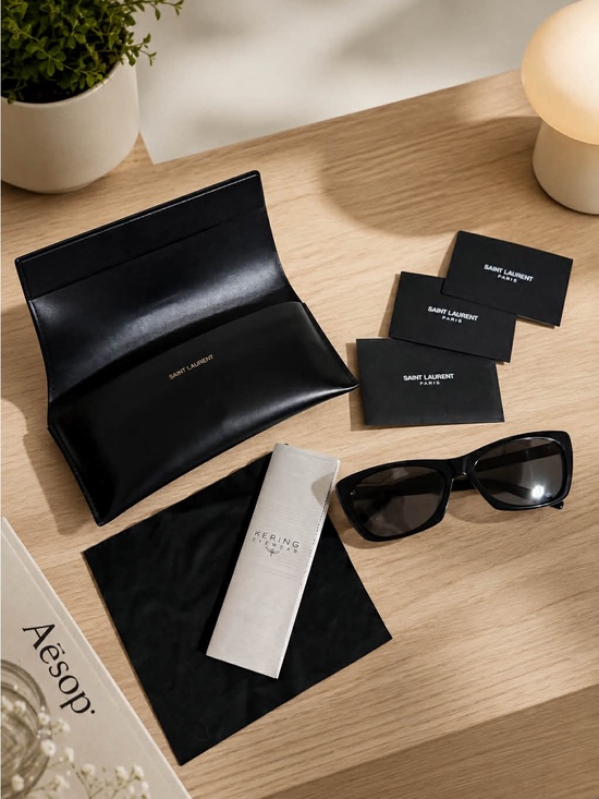 Saint Laurent Accessories - Saint Laurent Black Sunglasses with Black Leather Case and Logo